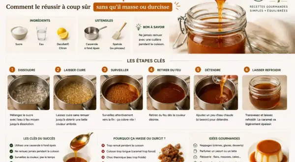 Guide pour réussir un caramel liquide maison, de la dissolution à la dégustation. Le caramel est versé dans un bocal.