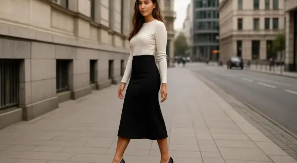 Elegancka kobieta w czarnej spódnicy midi i białym swetrze, zastanawia się, jakie buty do spódnicy midi będą najlepsze. Czółenka na obcasie dodają jej szyku.