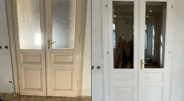 Prima e dopo: porte interne di bianco, con vetri trasparenti e maniglie dorate. Un restyling che illumina l'ambiente.