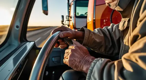 Manos curtidas al volante de un camión, con su carnet de conducir BTP a buen recaudo. El sol del atardecer ilumina la carretera.