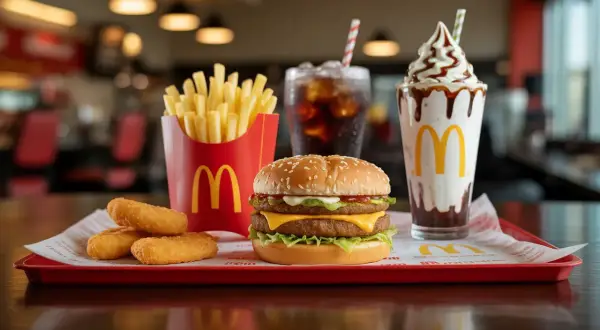 Zestaw z McDonald's: burger, frytki, nuggetsy i shake. Zastanawiasz się, ile kosztują frytki w maku?