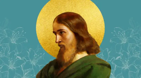 Portret mężczyzny z brodą i długimi włosami, otoczonego złotym nimbem. W tle stylizowane lilie. Może to być wizerunek pierwszej żony św. Józefa.
