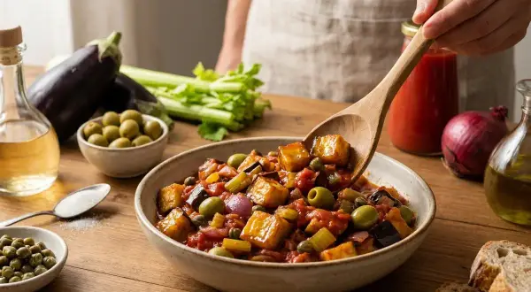 Une cuillère sert une généreuse portion de caponata sicilienne, un plat coloré d'aubergines, olives et tomates, prêt à être dégusté.