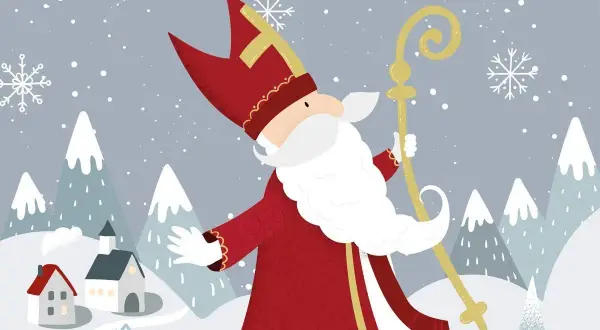 Nikolaus in der Schweiz, mit seinem Stab und Mitra, steht vor verschneiten Bergen und kleinen Häusern.