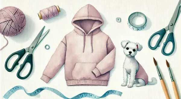Jak zrobić ubranko dla psa z bluzy? Potrzebne: różowa bluza, nożyczki, nitka, miarka, guziki i uroczy piesek.