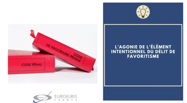 Deux codes rouges, "Code Pénal" et "Code de Procédure Pénale", symbolisent la loi. Le texte évoque le délit de favoritisme.