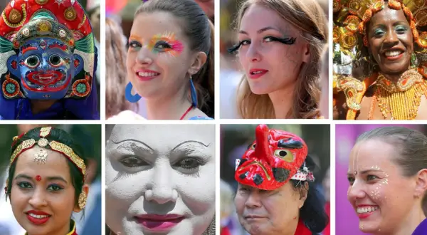 Gesichter mit bunter Schminke, Masken und traditionellen Kopfbedeckungen zeigen die kulturelle Vielfalt.