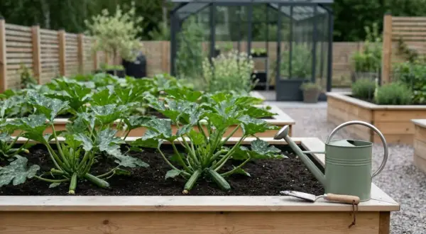 Odla squash i upphöjda bäddar. Gröna blad och små frukter syns, med en vattenkanna redo.