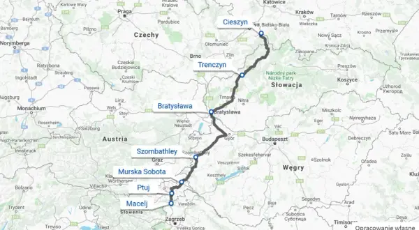 Trasa Polska-Chorwacja samochodem przez Czechy, Słowację, Węgry, Słowenię. Widoczne miasta: Cieszyn, Trenczyn, Bratysława, Szombathely, Murska Sobota, Ptuj, Macelj, Zagrzeb.