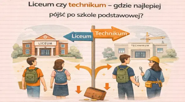 Dylemat: liceum czy technikum? Młodzi ludzie stoją przed wyborem ścieżki edukacji po szkole podstawowej, symbolizowanej przez rozwidlenie dróg.