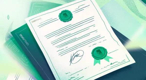 Illustration d'un document officiel avec sceaux verts, signature et lignes manuscrites.