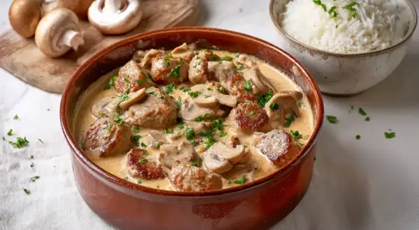 Herzhaftes schweinefilet mit champignons in cremiger Soße, garniert mit Petersilie. Daneben eine Schüssel Reis.
