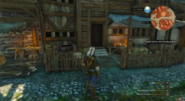 Geralt stoi przed budynkiem z napisem "KABARET" w Wiedźminie 3. Czeka go zadanie związane z plakatami.