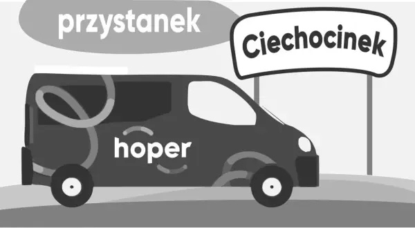 Bus "Hoper" na przystanku, gotowy do wyjazdu do Ciechocinka.