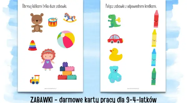 Zabawki - darmowe karty pracy dla 3-4-latków: obrysuj duże zabawki i połącz je z kredkami.