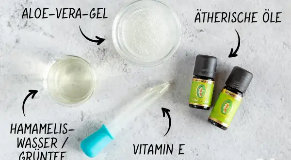Zutaten für ein erfrischendes Aloe Vera Spray: Aloe Vera Gel, Hamameliswasser/Grüntee, ätherische Öle und Vitamin E.