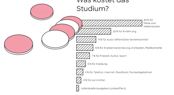 Studieren von zuhause: Grafik zeigt Kostenaufteilung eines Studiums. Größter Posten ist Miete (40%), gefolgt von Ernährung (20%).