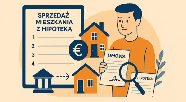 Mężczyzna analizuje umowę i dokumenty dotyczące sprzedaży mieszkania z hipoteką. W tle domy i symbol euro.