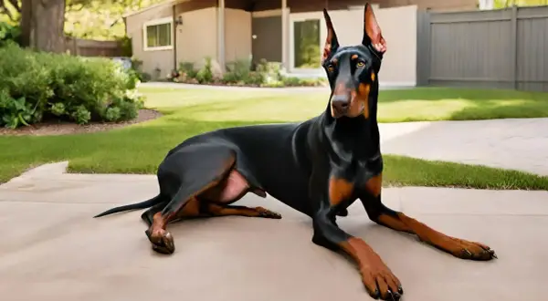 Elegancki Doberman, jedna z imponujących ras psów dużych, odpoczywa na podjeździe przed domem.