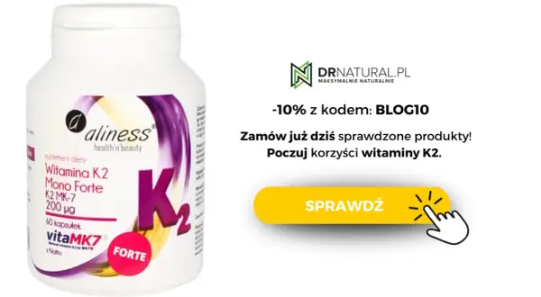 Opakowanie witaminy K2 MK-7 Aliness. Sprawdź przeciwwskazania i korzyści. Zniżka -10% z kodem BLOG10.