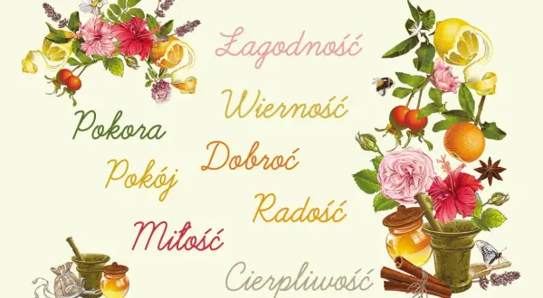 Kwiaty, owoce i pszczoły symbolizują owoce Ducha Świętego: łagodność, wierność, dobroć, pokorę, pokój, miłość, radość i cierpliwość.