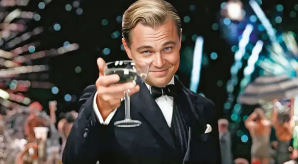 Jay Gatsby wznosi toast kieliszkiem szampana, otoczony blaskiem imprezy. Jego spojrzenie pełne jest obietnicy i tajemnicy, jak w filmie "Wielki Gatsby".