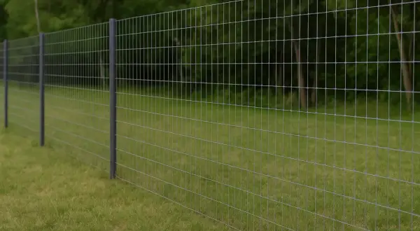 Solidne, ciemne słupki do siatki leśnej, idealne do zabezpieczenia terenu. Siatka z drobnymi oczkami, mocowana do słupków, tworzy trwałe ogrodzenie.