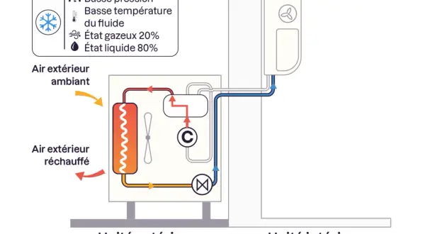 Schéma d'une pompe à chaleur air eau : l'unité extérieure capte l'air ambiant pour le réchauffer, puis le transmet à l'unité intérieure.