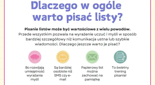 Dlaczego warto pisać listy? Bo rozwijają umiejętność wyrażania myśli, są osobiste, można je zachować na pamiątkę i to świetny trening pisania.