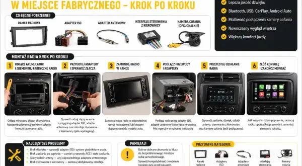 Schemat montażu radia samochodowego krok po kroku, z elementami: ramka, adaptery, interfejs, kamera cofania.