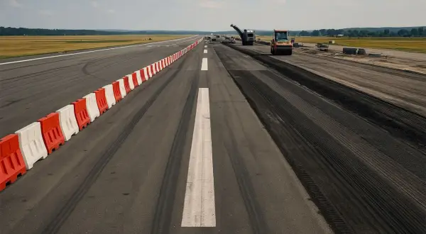 Pas startowy w remoncie, z pomarańczowym walcem i frezarką. Wygląda na to, że lotniska są zamknięte na czas prac.
