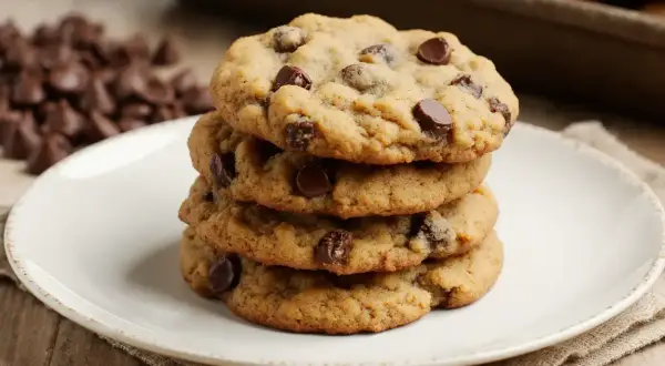 Pile de cookies aux pépites de chocolat, parfaits pour une recette cookies moelleux. Des pépites de chocolat en arrière-plan.