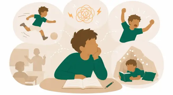 En pojke sitter vid ett bord och tänker på olika saker: springa, bli arg, läsa i en koja och vara i skolan. Tidiga tecken på adhd kan visa sig som svårigheter att fokusera.