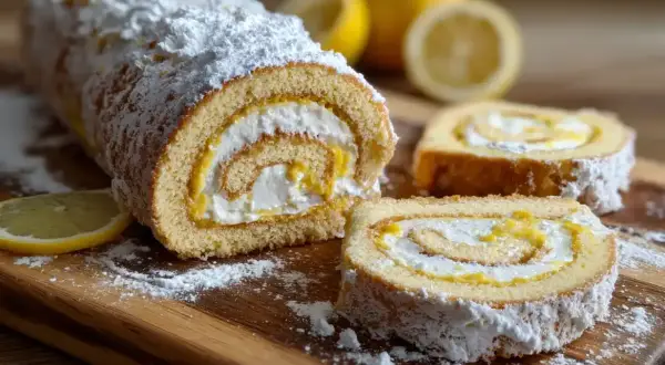 A lemon swiss roll cake dusted with powdered sugar, sliced, with lemons in the background.
