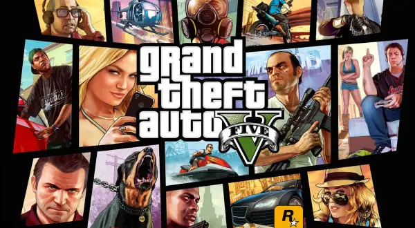 Kody GTA V PS5: kolaż postaci, pojazdów i logo gry.
