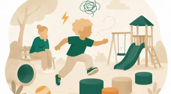 En energisk 4-åring med adhd hoppar över hinder på lekplatsen, medan en vuxen sitter fundersamt på en bänk.