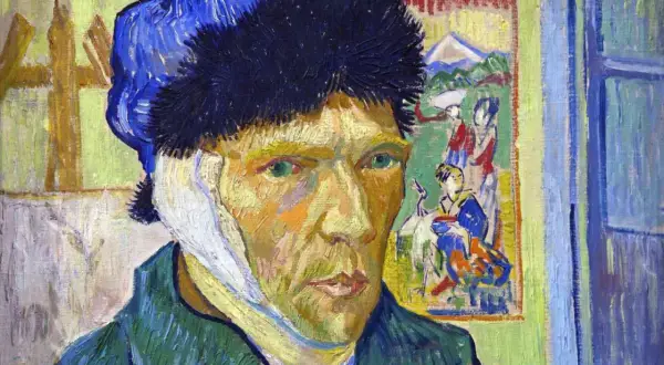 Van Gogh obrazy najsłynniejsze: autoportret z zabandażowanym uchem, w tle japońska grafika.