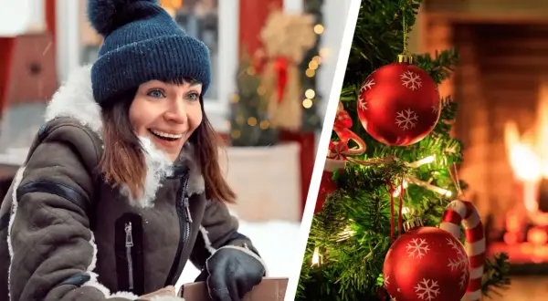 Glad kvinna i vinterkläder och julgranspynt. Perfekt för svenska julfilmer!