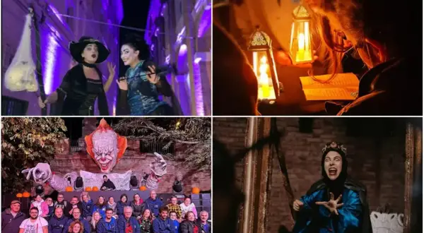 Scene di Halloween nelle Marche: streghe, un clown spaventoso, una regina malvagia e un gruppo di persone che leggono alla luce di candele.