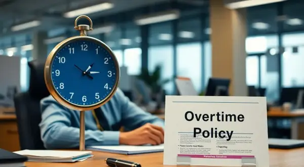 Zegar biurowy i dokument "Overtime Policy" sugerują pytanie: czy pracodawca może zmusić do nadgodzin? Czas nagli, a zasady niejasne.