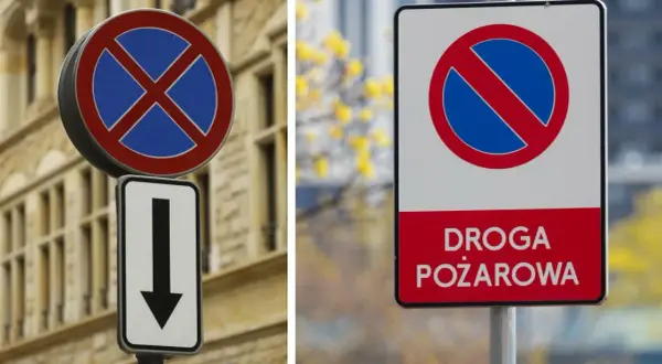 Dwa znaki drogowe: okrągły z niebieskim polem i czerwonym iksem, informujący o zakazie postoju, oraz prostokątny z napisem "DROGA POŻAROWA".