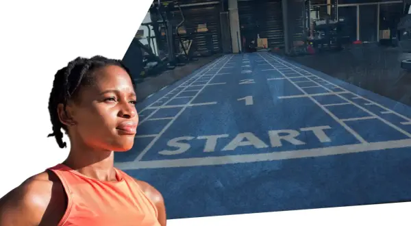 Femme déterminée prête à reprendre le sport, sur une piste bleue marquée "START".