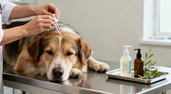 Veterinario aplica tratamiento en la cabeza de un perro para combatir piojos de perros.