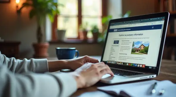 Osoba szuka w internecie informacji, jak znaleźć właściciela działki za darmo. Na ekranie laptopa widoczny jest artykuł o nieruchomościach.
