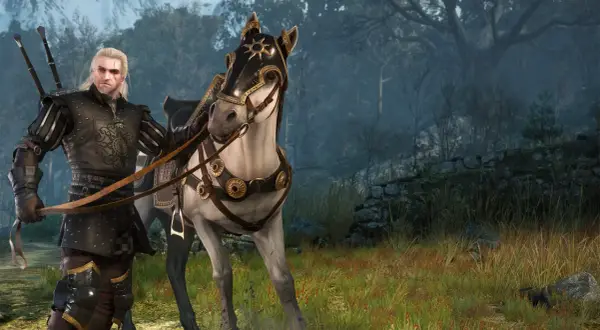 Geralt w zbroi z Wiedźmina 3, obok konia w ozdobnej uprzęży, gotowy na przygodę.