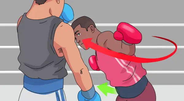 Illustration showing how to throw a hook in boxing. A boxer in a pink shirt throws a punch, indicated by a red arrow, towards an opponent.