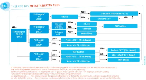 Therapiealgorithmus für metastasierten TNBC. Ein triple negativ Todesurteil kann durch verschiedene Therapien wie Sacituzumab Govitecan oder PARP-Inhibitoren behandelt werden.
