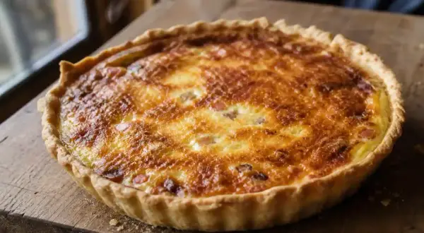 Une belle quiche lorraine dorée, prête à être dégustée. La vraie recette quiche lorraine, simple et savoureuse.
