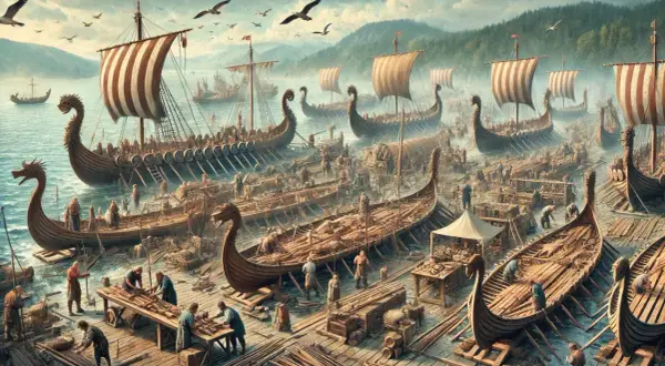 Viele Wikingerschiffe werden gebaut. Handwerker arbeiten an den Schiffen, die für die Seefahrt bereit sind.