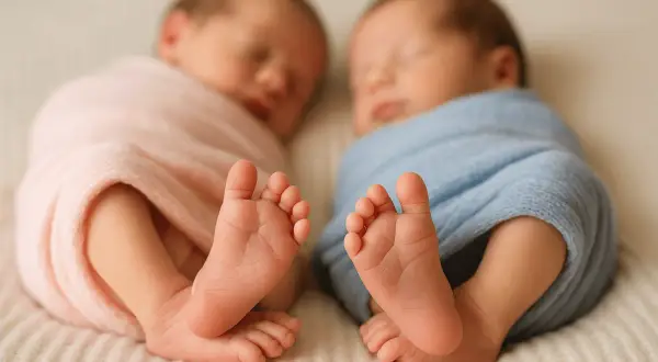 Deux adorables nouveau-nés endormis, l'un emmailloté dans du rose, l'autre dans du bleu. Leurs petits pieds, comme des prénoms en U, pointent vers l'avant.